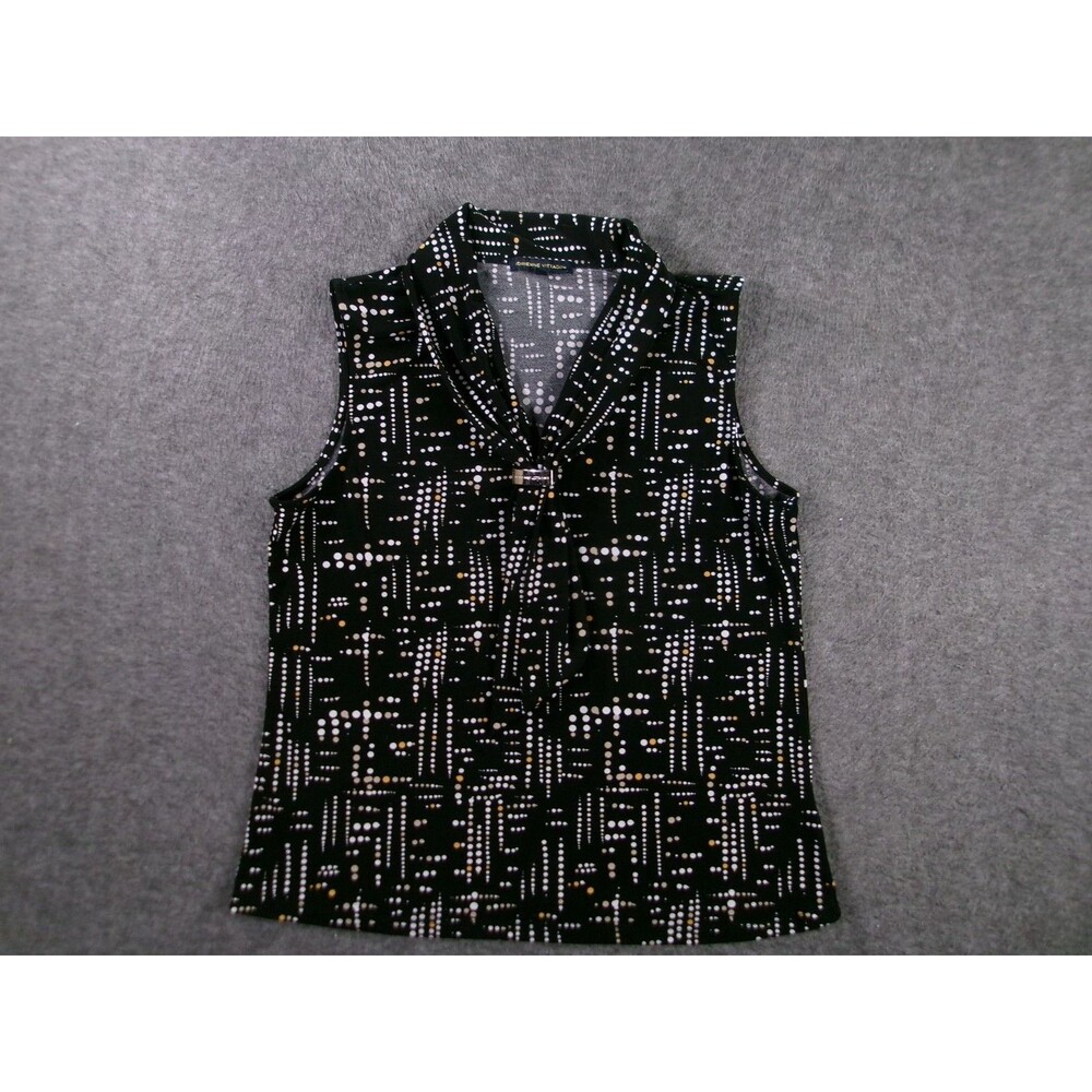 Adrienne Vittadini Top Womens L Sleeveless Tie Neck Metal Clasp Black Dot Print